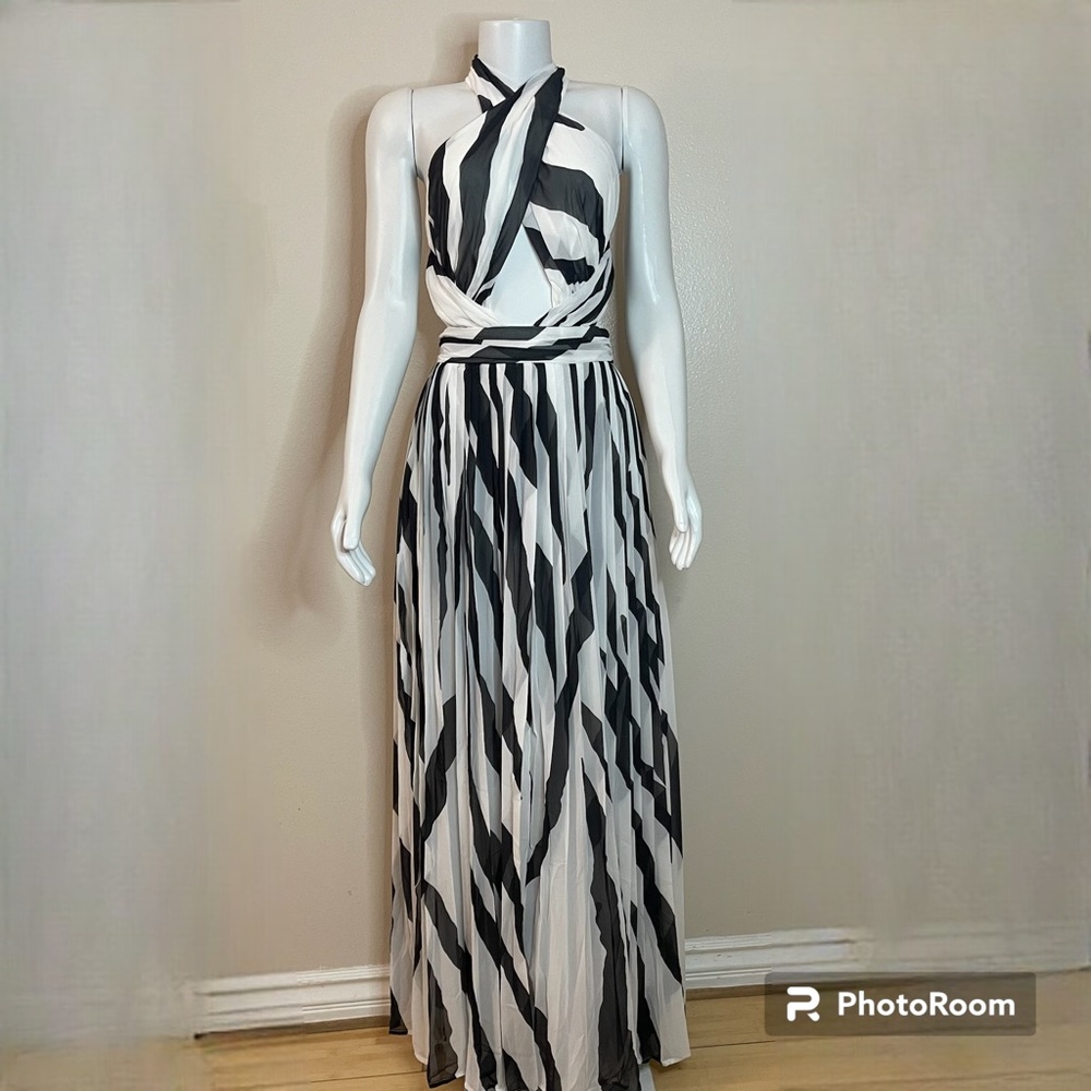 Black and white zebra print twist halter neck cutout maxi dress